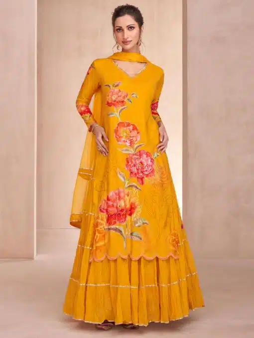 Mustard Floral Long Choli Lehenga Suit