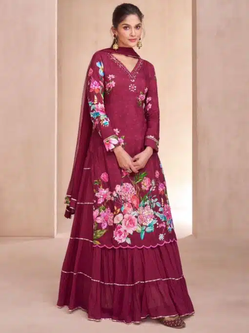 Wine Floral Long Choli Lehenga Suit