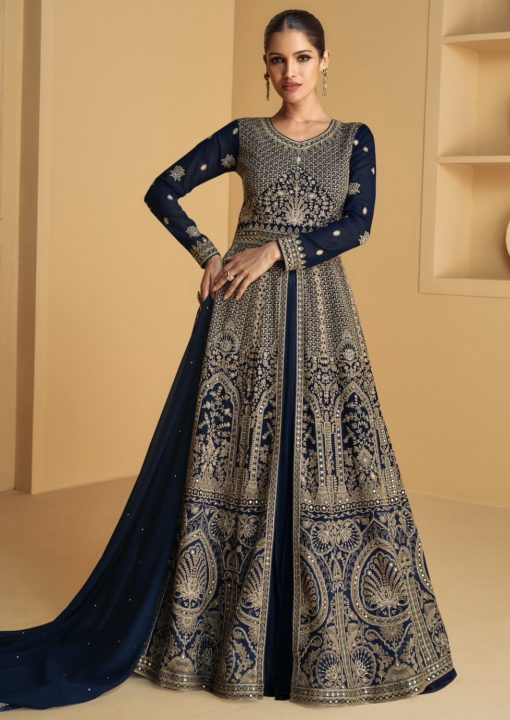 Navy Sequin Thread Georgette Anarkali Lehenga
