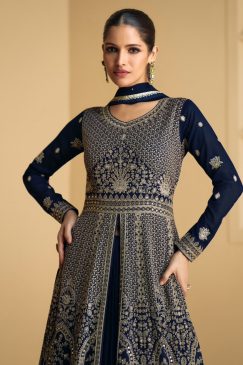 Alternative view of Navy Sequin Thread Georgette Anarkali Lehenga