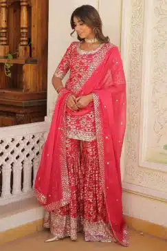 Pink Floral Print Embroidered Sharara Suit