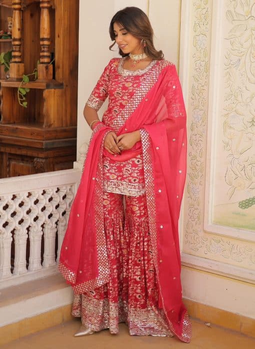 Pink Floral Print Embroidered Sharara Suit