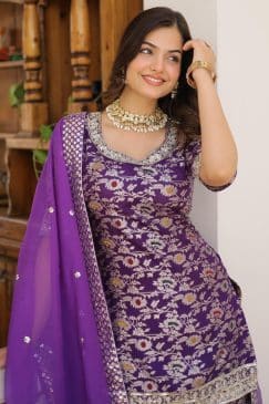Alternative view of Purple Floral Print Embroidered Sharara Suit