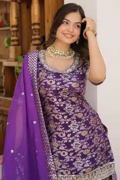Alternative view of Purple Floral Print Embroidered Sharara Suit