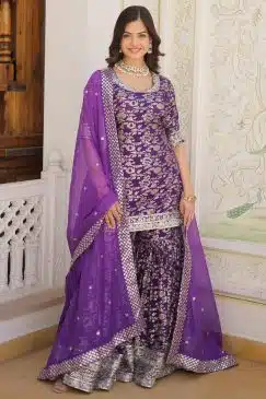 Purple Floral Print Embroidered Sharara Suit