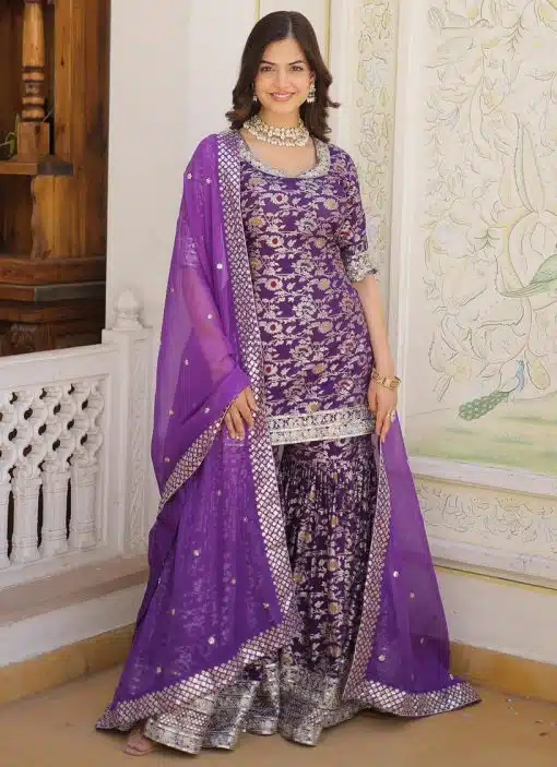 Purple Floral Print Embroidered Sharara Suit