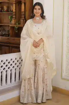 Off White Floral Print Embroidered Sharara Suit