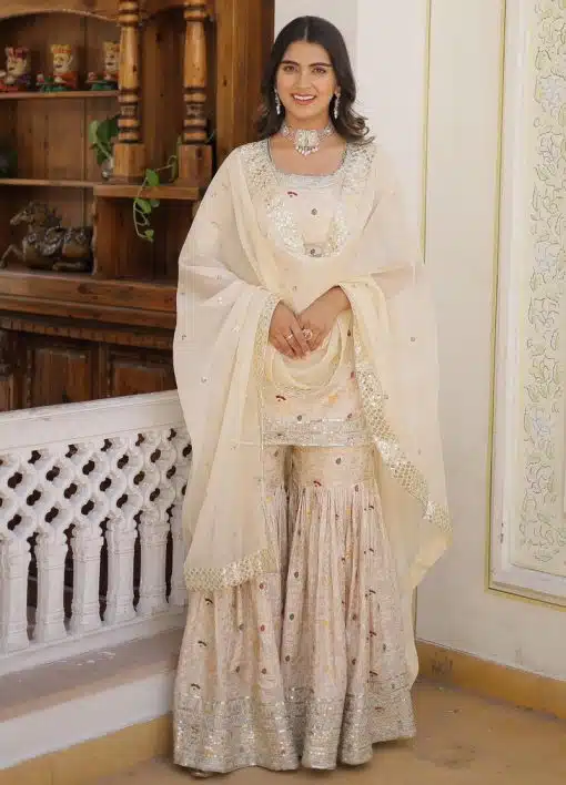 Off White Floral Print Embroidered Sharara Suit