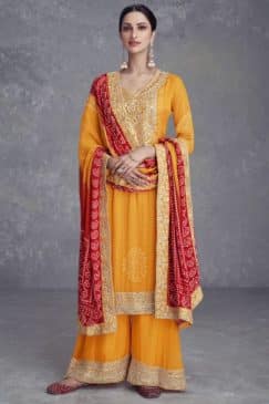 Mustard Chinon Embroidered Palazzo Suit