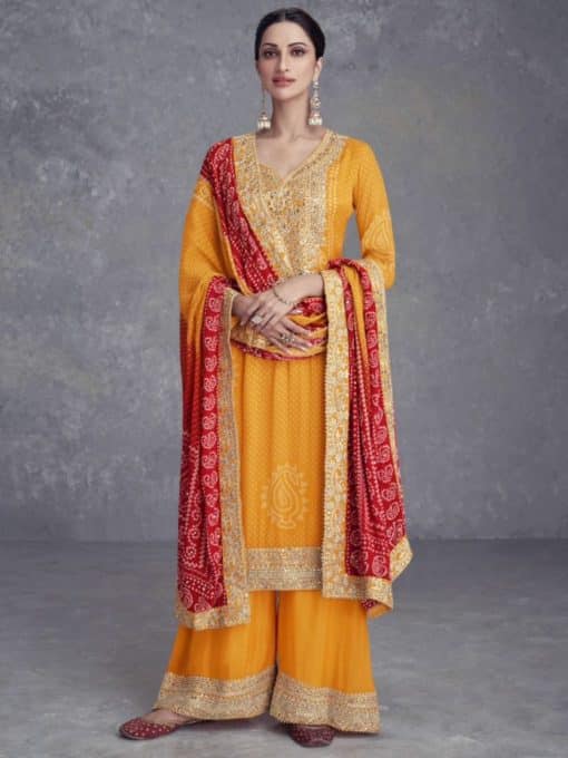 Mustard Chinon Embroidered Palazzo Suit
