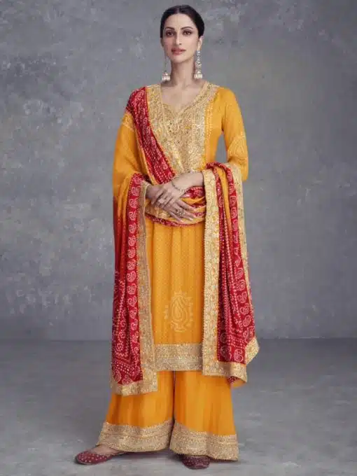 Mustard Chinon Embroidered Palazzo Suit