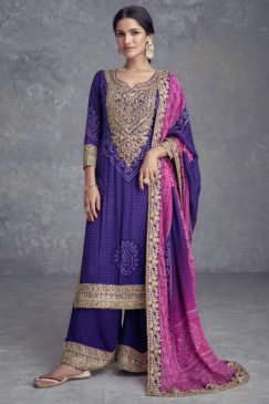 Purple Chinon Embroidered Palazzo Suit