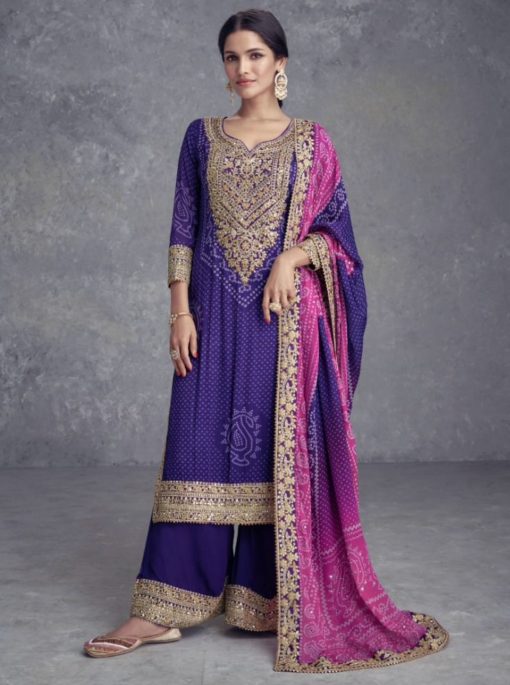 Purple Chinon Embroidered Palazzo Suit
