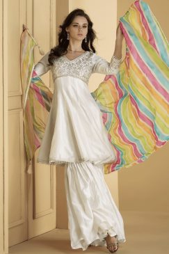 White Silk Embroidered Sharara Suit