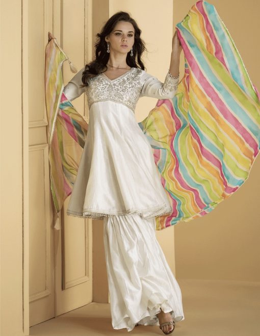 White Silk Embroidered Sharara Suit