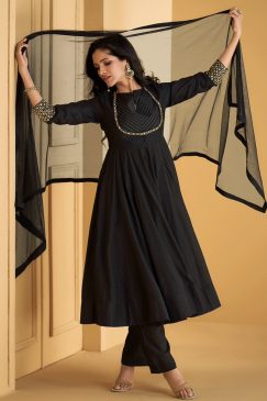 Black Silk Embroidered Anarkali Trouser Suit