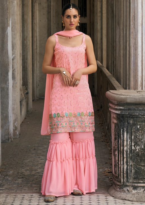Pink Embroidered Party Wear Sharara Suit