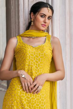 Alternative view of Yellow Embroidered Party Wear Sharara Suit