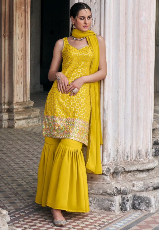 Yellow Embroidered Party Wear Sharara Suit