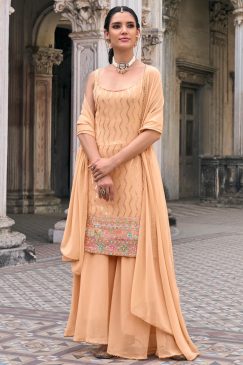 Peach Embroidered Party Wear Sharara Suit