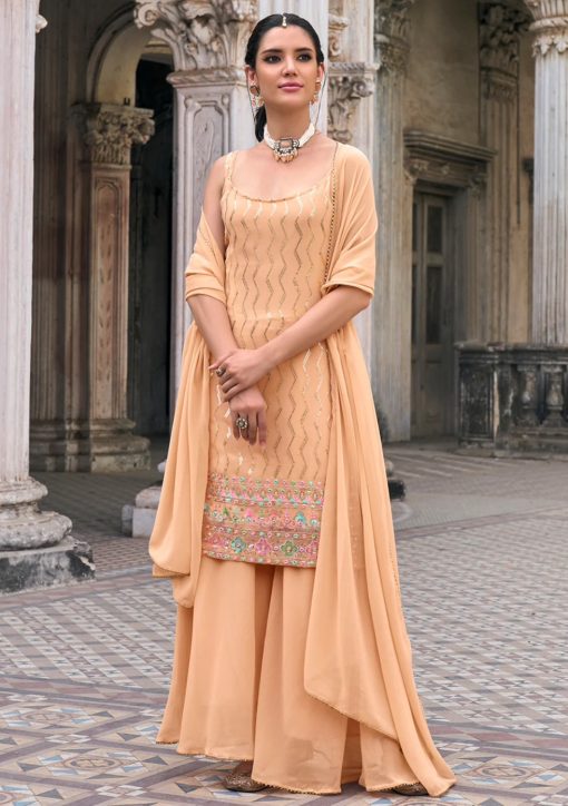 Peach Embroidered Party Wear Sharara Suit
