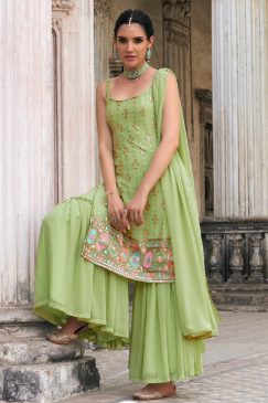 Green Embroidered Party Wear Sharara Suit