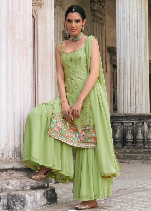 Green Embroidered Party Wear Sharara Suit