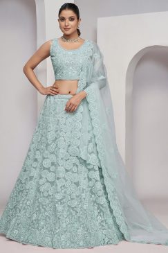 Light Blue Heavy Embroidered Bridal Lehenga Choli