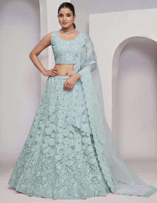 Light Blue Heavy Embroidered Bridal Lehenga Choli