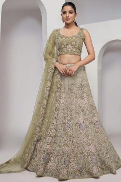 Olive Green Heavy Embroidered Bridal Lehenga Choli