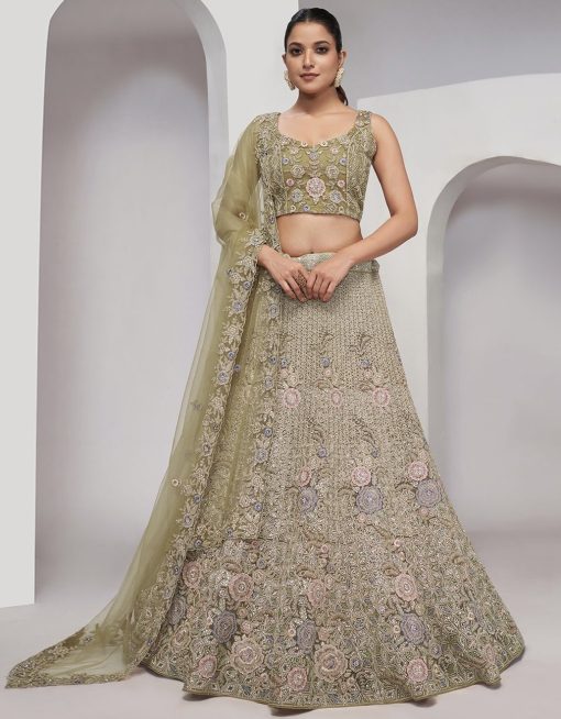 Olive Green Heavy Embroidered Bridal Lehenga Choli