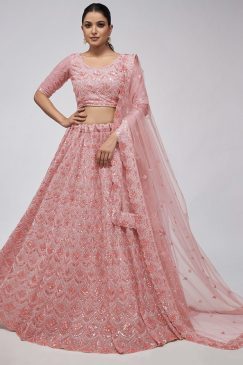 Coral Pink Heavy Embroidered Bridal Lehenga Choli
