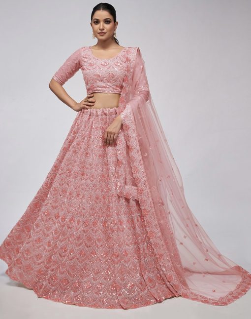 Coral Pink Heavy Embroidered Bridal Lehenga Choli