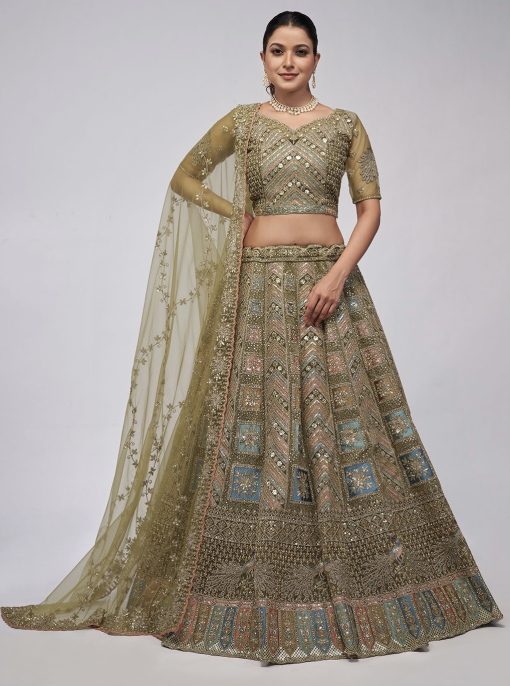 Olive Green Heavy Embroidered Bridal Lehenga Choli