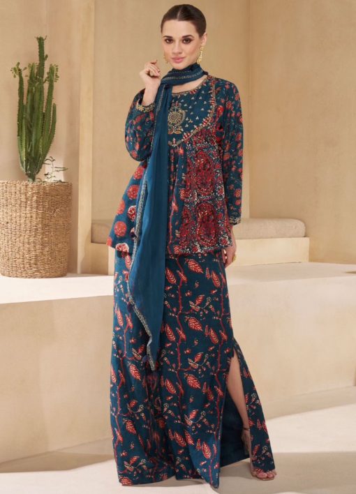Teal Embroidered Party Wear Sharara Suit