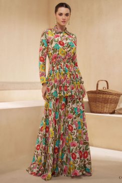 Modest Multicoloured Embroidered Party Wear Sharara Suit