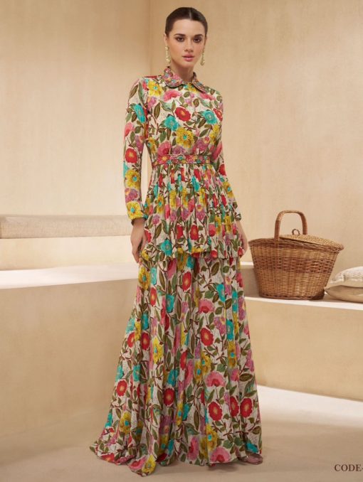 Modest Multicoloured Embroidered Party Wear Sharara Suit