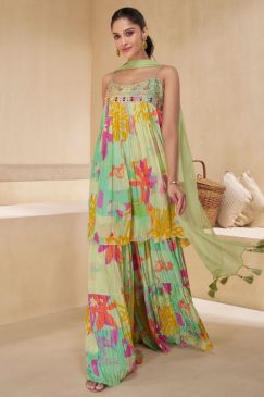Light Green Embroidered Party Wear Sharara Suit