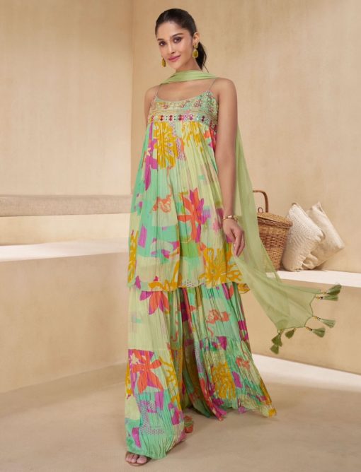 Light Green Embroidered Party Wear Sharara Suit