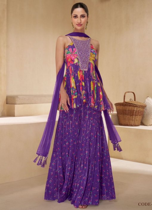 Purple Embroidered Party Wear Sharara Suit