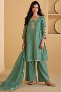 Green Silk Embroidered Trouser Suit