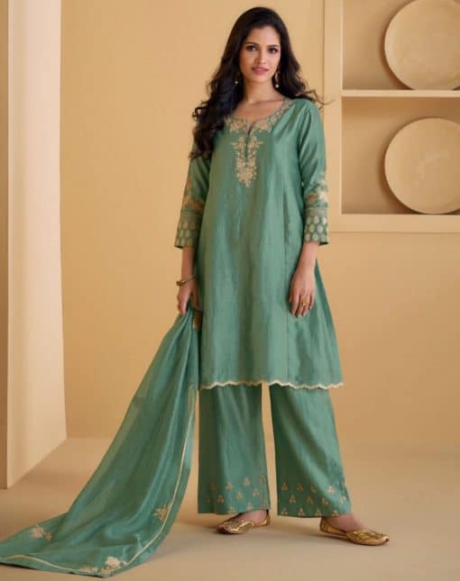 Green Silk Embroidered Trouser Suit