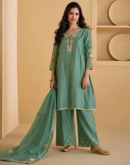 Green Silk Embroidered Trouser Suit