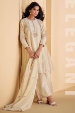 Off White Silk Embroidered Palazzo Suit