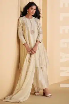 Off White Silk Embroidered Palazzo Suit