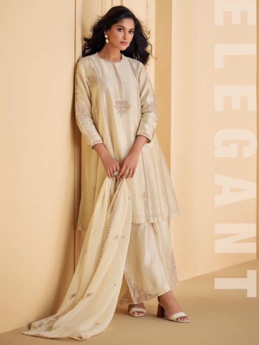 Off White Silk Embroidered Palazzo Suit