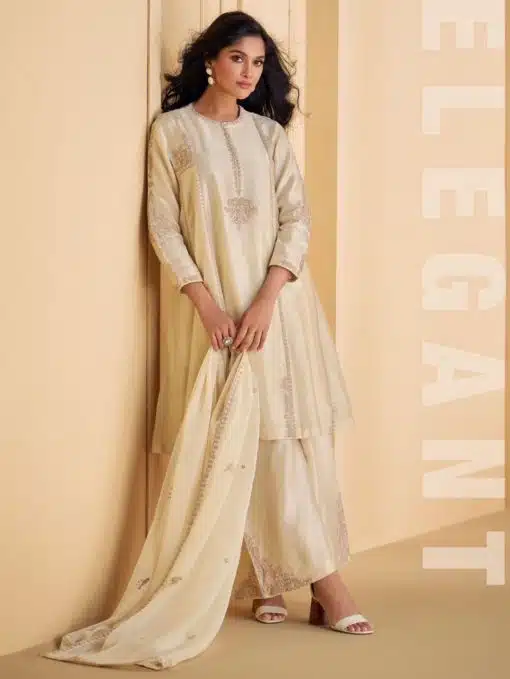 Off White Silk Embroidered Palazzo Suit
