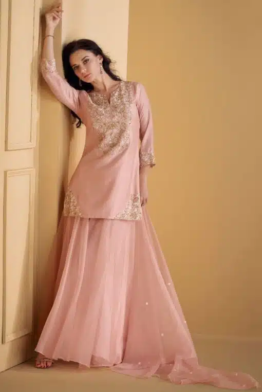 Light Pink Silk Embroidered Sharara Suit