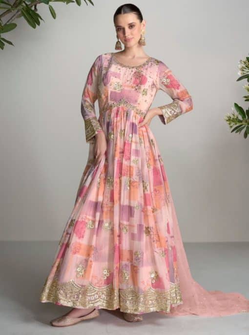 Light Pink Chinon Digital Print Anarkali Gown