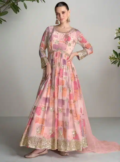 Light Pink Chinon Digital Print Anarkali Gown